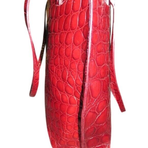 FURLA Vintage Croc Embossed Maroon Red Italian Leather Tote Handbag - Picture 6 of 12